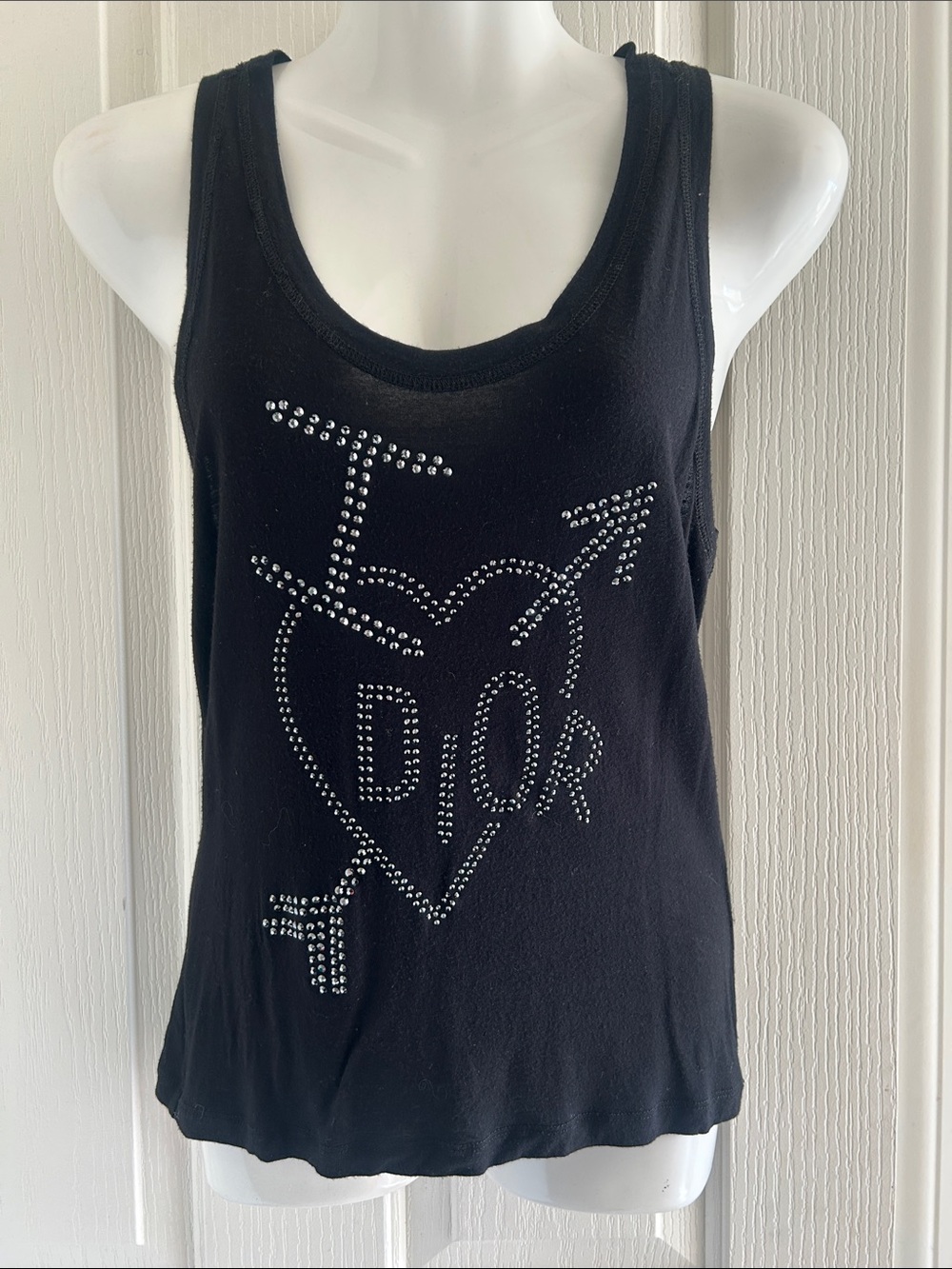 Dior Black Tank Top with Silver Rhinestone Heart Logo